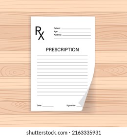 RX form, medical prescription realistic paper document on wooden background. Recipe from doctor to patient. Medications, pharmacy and treatment. Painkiller and drug dose control vector illustration