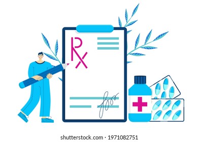 Rx form. Form for medicines with pencil and tablets on a white background. Vector illustration in flat style. Vedical page signed by doctor.