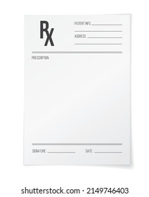 Rx Form, Pharmacy And Hospital Realistic Vector Paper Blank Sheet. Medical Prescription Document 3d Mockup, Isolated Doctor Rx Note Pad And Pharmacist Receipt For Prescription Drugs And Pills