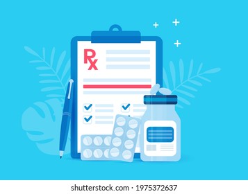 RX form of a prescription drug online. A document required for prescribing medicines from a doctor. Medical infographics in blue.