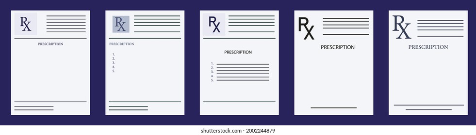 Rx form, prescription, medical paper document with medications. Set. Realistic form of doctor's recipe template with pills. Healthcare concept, rx blank, pharmacy, hospital page.Vector illustration
