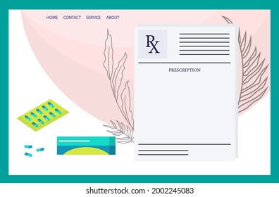 Rx form, prescription, medical paper document with medications. Realistic form of doctor's recipe template with pills. Healthcare concept, rx blank, pharmacy, clinic, web banner.Vector illustration