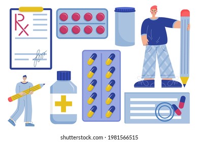 The Rx form. Set of medical items, pills, and doctors is isolated on white background. A prescription for pills signed by doctor. Vector illustration in flat style.