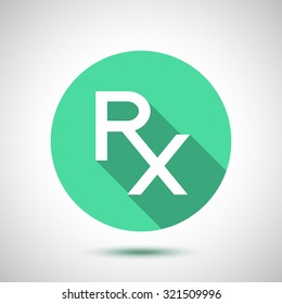 Rx icon. Rx sign is prescription symbol. Medicine and pharmacy. Green sticker. Flat style design with long shadow. Vector illustration.