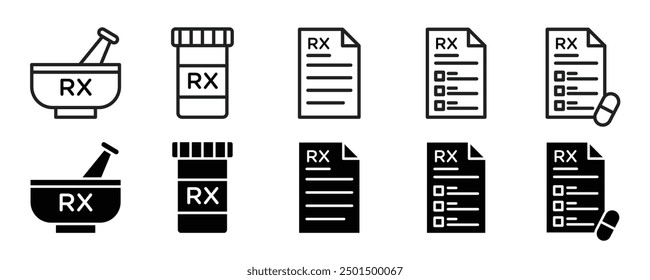 Colecciones de iconos Rx. Conjunto de iconos de almohadilla de receta médica. Símbolo de la forma de Rx. logotipo del símbolo médico del icono de Rx