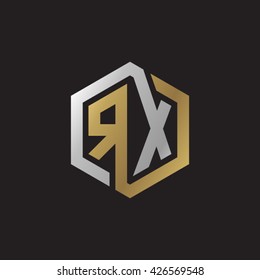 RX initial letters looping linked hexagon elegant logo golden silver black background