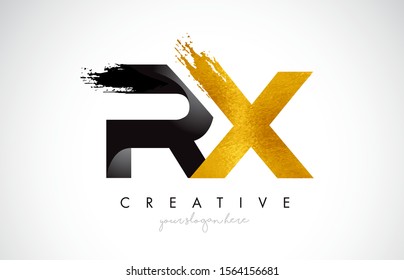 RX Letter Design with Black Golden Brush Stroke and Modern Look Vector Illustration.