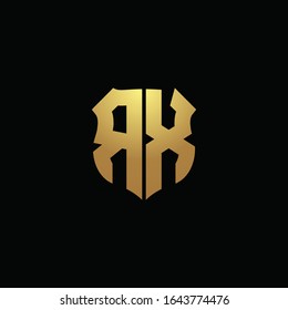 Monograma del logotipo RX con colores dorados y plantilla de diseño de forma de escudo