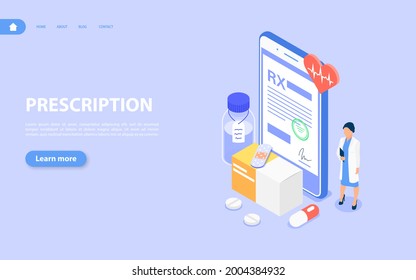 Rx medical prescription. The doctor sends the patient prescription to the smartphone. Vector isometric illustration.