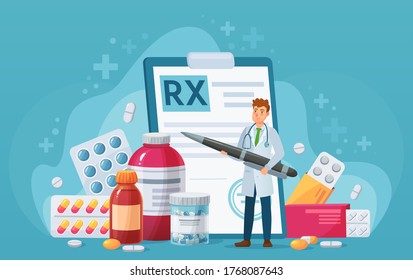 Rx medical prescription. Doctor writes signature in recipe, disease therapy pills, painkiller drugs. Pharmacy control vector concept. Medicine and healthcare with bottles and capsules