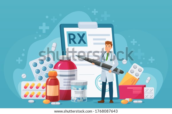 Rx\
medical prescription. Doctor writes signature in recipe, disease\
therapy pills, painkiller drugs. Pharmacy control vector concept.\
Medicine and healthcare with bottles and\
capsules
