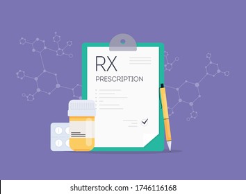 RX medical prescription drug vector illustration. Doctors and pills. Vector rx prescription illustration.