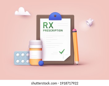 RX medical prescription drug vector illustration. Doctors and pills. Vector rx prescription. 3D Web Vector Illustrations.