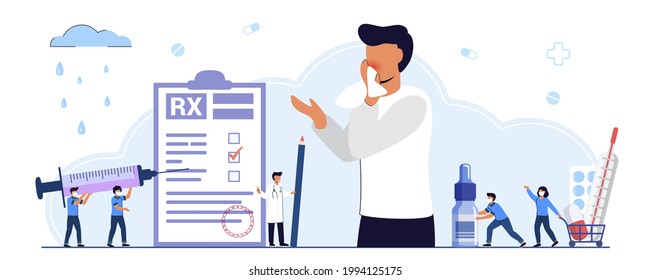 RX Medical Prescription Drug Vector Illustration Concept Medicine Prescription With Medicines Seasonal Allergy Diagnosis Pollen Allergy Immunotherapy Concept Illness With Cough, Cold And Sneeze Sympto