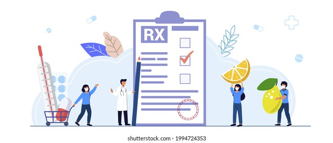 RX medical prescription drug vector illustration concept Medicine prescription with medicines Prescription form Doctor writes signature in recipe Disease therapy pills Evidence-based medicine