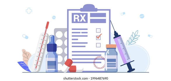 RX medical prescription drug vector illustration concept Medicine prescription with medicines Prescription form Doctor writes signature in recipe Disease therapy pills Pharmacy control of business