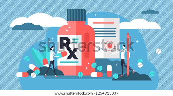 RX medical prescription drug vector\
illustration. Flat mini persons concept with patient, pills,\
capsules, drugs and doctor. Disease therapy medicament sold by\
pharmacist. Pharmacy control of\
business