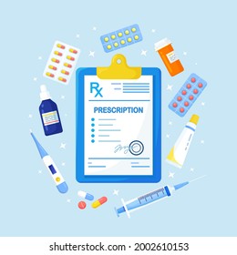 Rx medical prescription form for medicines, pills bottle, blisters with capsules. Pharmacology, pharmaceutical industry, therapy drugs, healthcare devices. Vector illustration