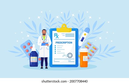 Rx medical prescription form for medicines, pills bottle, blisters with capsules. Pharmacist hold clipboard for filing receipt, recipe to patient. Pharmacology, pharmaceutical industry. Vector design