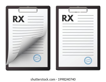RX Medical Prescription Pad Set. Paper Notes Clipboard For Report And Prescriptions For Patients Vector Illustration. Hospital Or Clinic Document On Tablet On White Background.