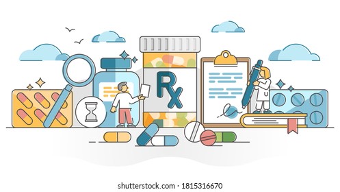 RX as medication pills prescription for treatment from doctor outline concept. Drugs, capsule or antibiotic as painkiller cure or medicine dose for disease vector illustration. Receipt for apothecary.