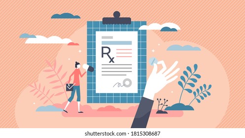 RX as medication prescription as treatment from doctor tiny persons concept. Drugs, pills, capsule or antibiotic as painkiller or medicine dose for disease vector illustration. Receipt for apothecary.