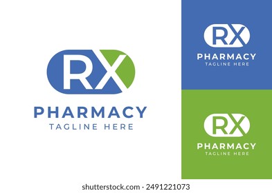 RX Apotheken-Kapsel-Medizin Professionelle blaue und grüne Kapsel-Logo-Design für Apotheke und Gesundheitsdienste