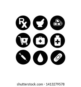 Rx pharmacy flat design icons set 