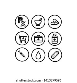 Rx pharmacy flat design icons set 