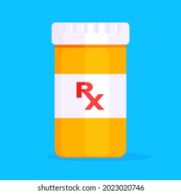 Rx pill bottle for capsules or tablets flat style design vector illustration. Medical container jar bottle for pills and medicine treatment isolated on white background.