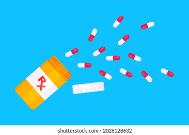 Frasco de píldora Rx para cápsulas o tabletas diseño plano ilustración vectorial. Frasco de frasco de recipientes médicos para píldoras y tratamiento de medicamentos aislados en el fondo blanco.
