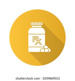 RX pill bottle flat design long shadow glyph icon. Medical prescription. Medications. Vector silhouette illustration