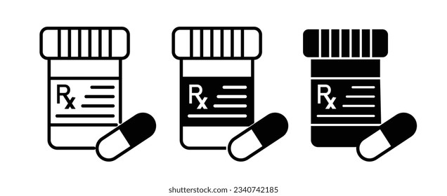 RX pill bottle icon set in black filled and line style for app, and website UI designs.