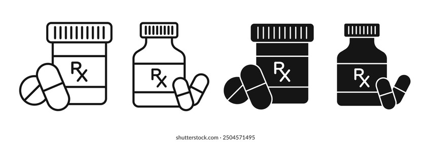 RX pill bottle icon set in black filled and line style, perfect for app and website UI designs.