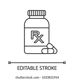 RX pill bottle linear icon. Medications. Medical prescription. Contour symbol. Thin line illustration. Vector isolated outline drawing. Editable stroke