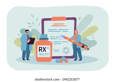 RX prescription flat vector illustration. Cartoon tiny pharmacists recommending therapy and medication with drugs and painkillers to patient. Pharmaceutical industry, medicine concept