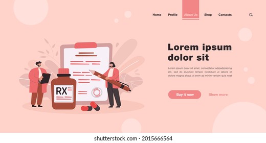 RX prescription flat vector illustration. Cartoon tiny pharmacists recommending therapy and medication with drugs and painkillers to patient. Pharmaceutical industry, medicine concept