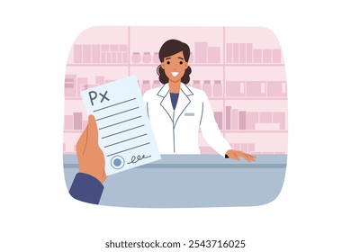 RX prescription form in hand of pharmacy visitor who came to woman pharmacist for medicine. Pharmacologist girl greets patient in need of antibiotics from RX prescription with smile