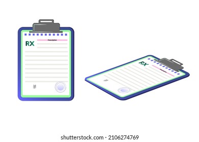 Rx prescription form isolated on white background. Clipboard prescribes medicines, disease therapy pills, painkiller drugs. Isometric vector illustration.