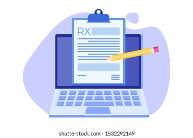  RX prescription form on Clipboard pad on laptop. Online clinic concept.  Vector illustration in flat style.
