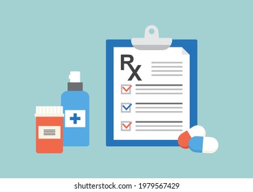 RX prescription form vector icon, medical paper document and insurance on blue background. Medicine illustration