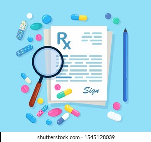 Rx prescription with magnifying glasses, pen isolated on background. Clinic document with pills, tablets, capsules, medicine.List of drugs. Vector flat design 