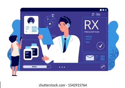 RX Prescription Online. Medical App, Online Prescription. Vector Doctor, Patient, Painkiller Medication