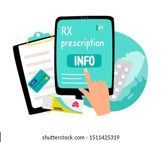 RX prescription. Online prescription worldwide concept vector illustration