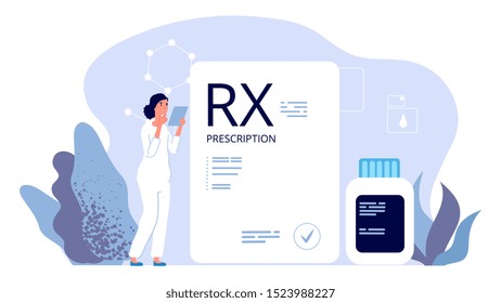 RX prescription. Pharmacist illustration, painkiller medication prescription. Vector pharmeceutical industry, therapy drugs