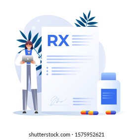 RX prescription. Pharmacist illustration, painkiller medication prescription. Vector pharmaceutical industry, therapy drugs