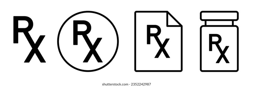 RX prescription vector icon set. pharmacy drug pill bottle with RX sign in black color.