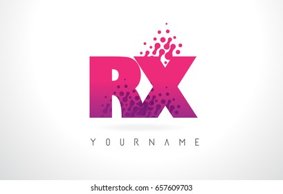 RX R X Letter Logo with Pink Letters and Purple Color Particles Dots Design.