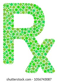 Rx Symbol collage of filled circles in variable sizes and eco green color tints. Vector dots are organized into Rx symbol composition. Ecology design concept.
