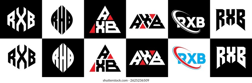 RXB letter logo design in six style. RXB polygon, circle, triangle, hexagon, flat and simple style with black and white color variation letter logo set in one artboard. RXB minimalist and classic logo